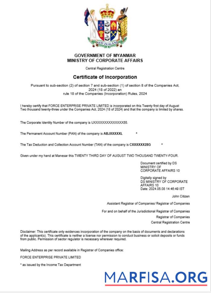 Realistic New Zealand business registration certificate Word and PDF template